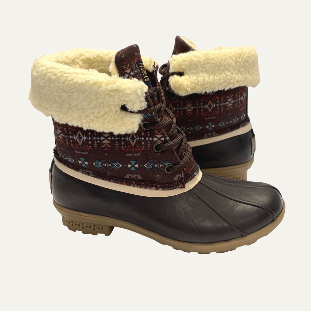 NEW Pendleton Diamond Peak Mid Duck Boots Brown Geometric Faux Fur Womens 6 (37)